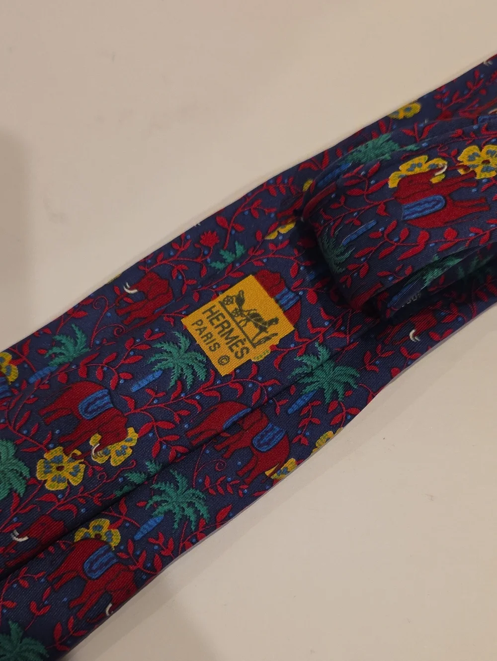 Hermes Silk Men's Patterned Red Silk Tie with Elephant & Palm Motif